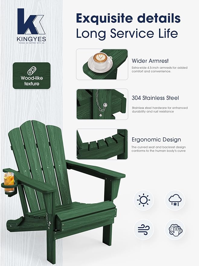 KINGYES Folding Adirondack Chair Set of 2, HDPE All-Weather Folding Adirondack Chair, Green