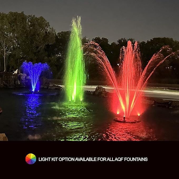 HALF OFF PONDS Floating Fountain – 1.2 HP Pond Aerator, 100' Cord – 10,000 GPH Water Pump – 11 Spray Patterns - Color-Changing LED Lights - for Large Ponds, Lakes & Water Gardens