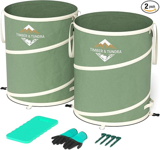 Timber & Tundra 40-Gallon Collapsible Trash Can Set of Two with Stakes, Gardening Gloves and Kneeling Pads | Pop Up Trash Can for Camping