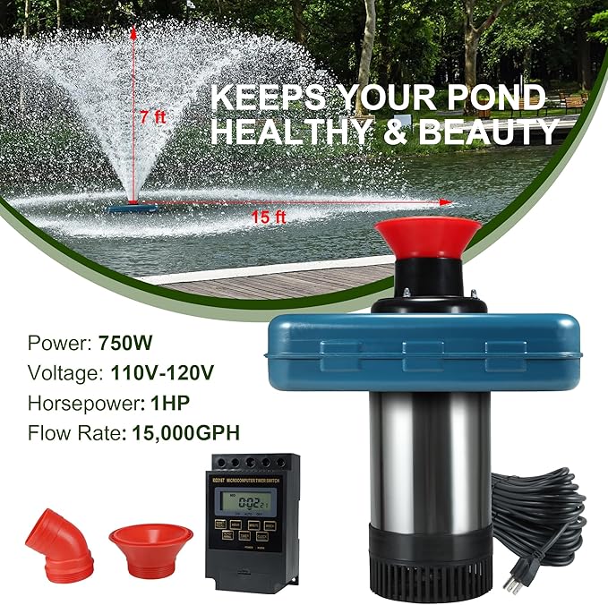 Pond Fountain Aerator, AS2 1HP 750W 15000GPH 110V High Flow Floating Water Fountain Pump With 100ft Power Cord, Stainless Steel Body Aerating Fountains Cascade for Large Small Pond Lake