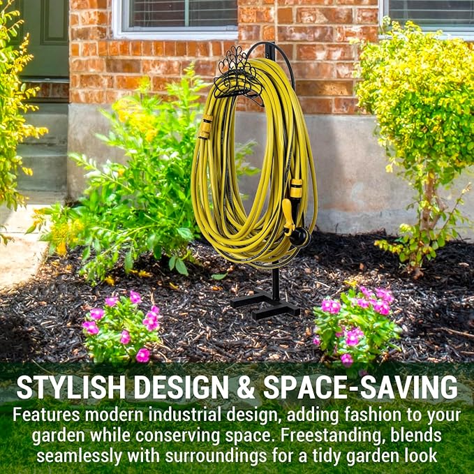 MyGift Vintage Scrollwork Design Matte Black Metal Outdoor Garden Hose Holder, 3.5 Foot Tall Freestanding Rack with Ground Yard Grass Stake Anchors