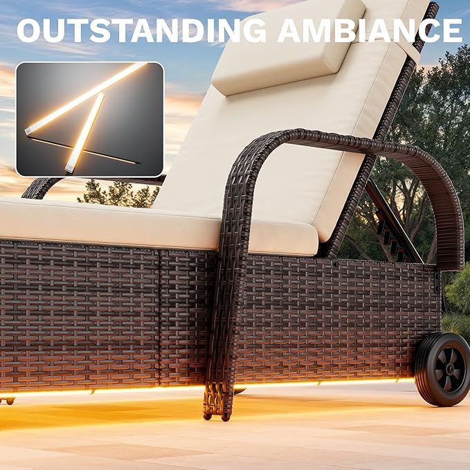 DWVO LED Outdoor Lounge Chairs, Patio Wicker Chaise Lounge Chair with LED Lights & 5-Level Backrest, Wheels and Storage for Deck, Pool, Backyard, Brown & Beige