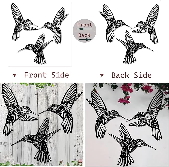 QZGXDECO Set of 3 Metal Hummingbird Wall Decor, 3D Iron Bird Wall Art for Outdoor Garden Fence, Patio & Yard Decorations, Large Hanging Sculptures for Living Room & Home, Gifts for Bird Lovers