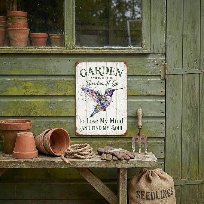 Vintage Hummingbird Garden Tin Sign - "Into The Garden I Go" Inspirational Quote - 8x12 Aluminum Floral Bird Wall Art - Rustic Farmhouse Patio Decor - Metal Sign Perfect Gardening Gift for Shed, Mom, Grandma