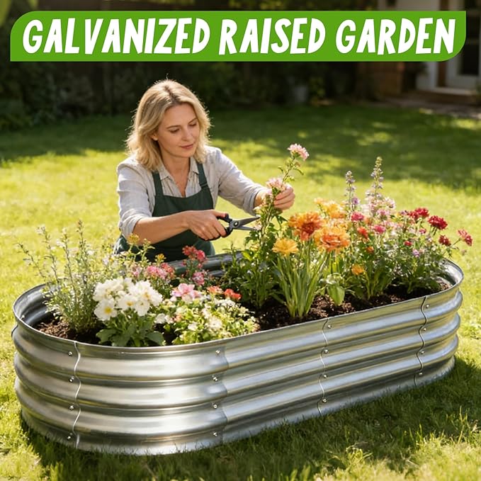 Galvanized Raised Garden Bed Kit, Planter Garden Boxes Outdoor, Oval Large Metal for Vegetables Fruits, Flowers Planter Boxes, Easy Assembly Garden Bed Kit 4x2x1 FT (1-Pack)