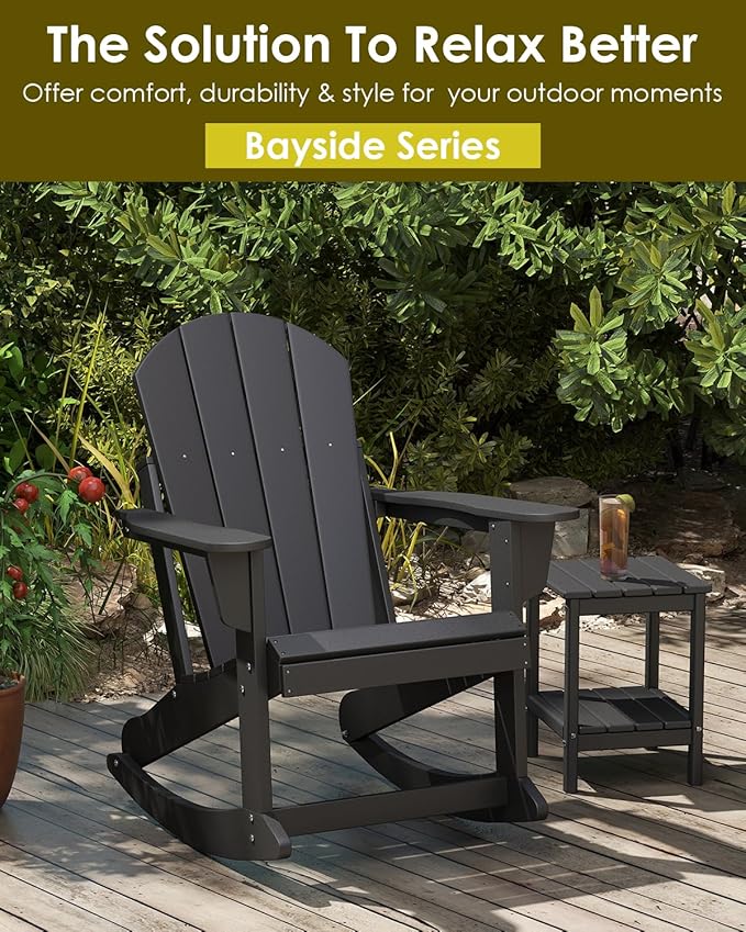 GREENVINES Adirondack Rocking Chairs Set of 4 | HDPE Plastic | Porch Rocker | Chair for Patio Outdoor Deck | All Weather | Black