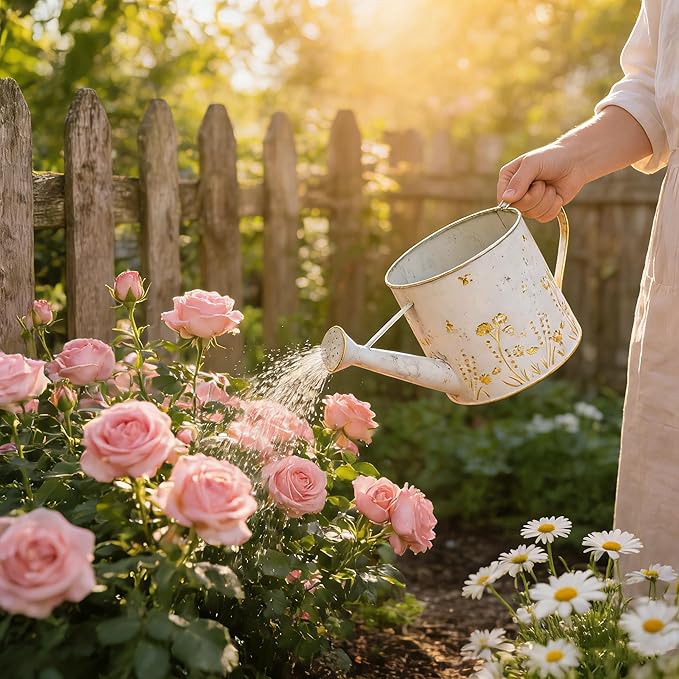 Vintage Metal Watering Can Planter with Embossed Floral - Distressed White Decorative Watering Pot for Indoor/Outdoor Flowers, Succulents & Herbs, Rustic Home Decor Accent