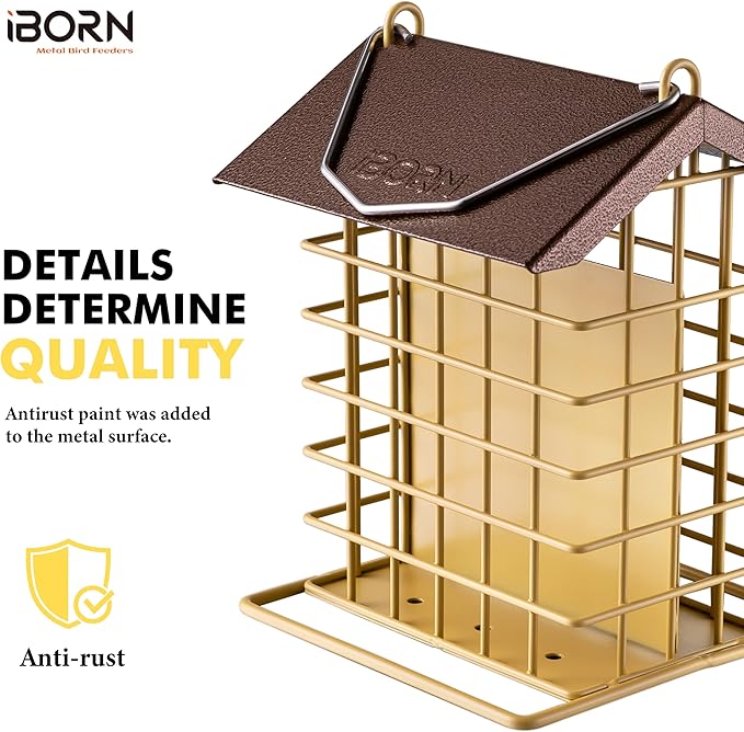 iBorn Suet Feeder for Outside Hanging,Suet Bird Feeders for Outdoors,Suet Holder with Squirrel Proof Hanger Hook,Suet Cage Bird Feeders,Woodpecker Feeder,Weatherproof Metal Roof,1 Pack,Muted Yellow
