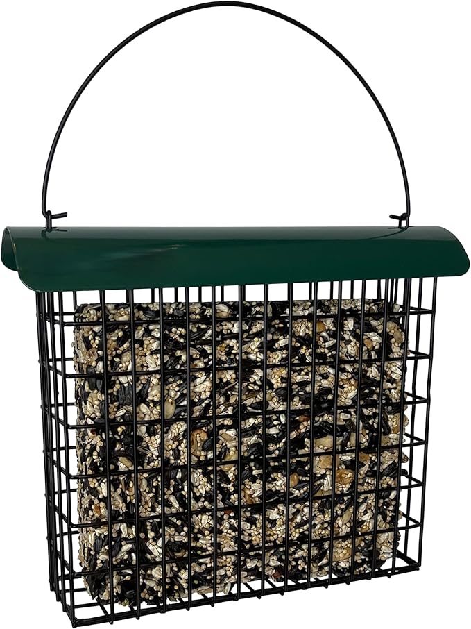 Backyard Essentials Large Suet Feeder - Metal Woodpecker Suet Cage with Metal Roof - Holds 1 Large Seed Cake
