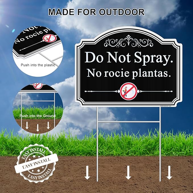 Do Not Spray Yard Signs in English and Spanish. 2 Pack 12.6" x 9.5" No Pesticide Garden Sign, No Spray Bilingual Plant Sign for Yard with Metal Stake, UV Protected, Weatherproof, Easy to Mount.