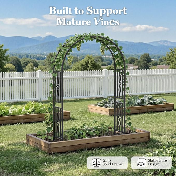 Metal Garden Arch, Heavy Duty Garden Trellis for Climbing Plants, with Enlarged Base for Stability, Ideal for Wedding Arches & Party Decorations, 55" W x 87" H