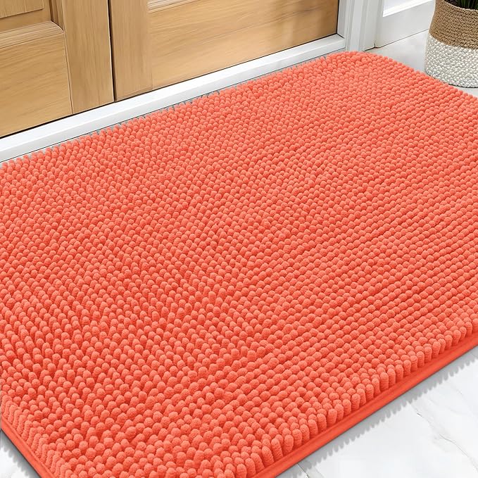 OLANLY Dog Door Mat for Muddy Paws 32x20, Absorbs Moisture and Dirt, Absorbent Non-Slip Washable Doormat, Quick Dry Chenille Mud Mat for Dogs, Entry Indoor Entryway Carpet for Inside Floor, Coral