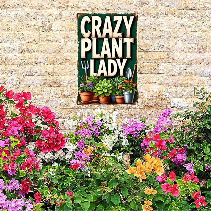Funnysign Vintage Crazy Plant Lady Tin Sign, Funny Rustic Garden Wall Decor with Succulents & Potted Plants, Metal Wall Art for Patio, Porch, Greenhouse, Plant Room or Home, 8x12 Inch (9816)