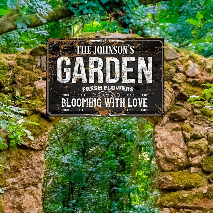 Custom Garden Blooming with Love Sign, Personalized Name for Backyard/Flower Garden Décor Sign, 12x18 Inches, Rust Free .063 Aluminum, Fade Resistant, Made in USA by Sigo Signs