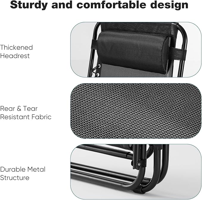 NEWBULIG Zero Gravity Chair Set of 2, Lounge Chair Folding Portable Adjustable Camping Reclining Chairs with Adjustable Pollow, Mesh Back, Cup Holder Trays Lawn Patio Chair for Pool Beach - Black
