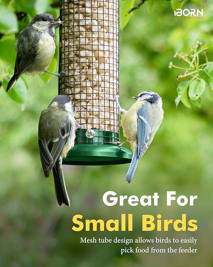 iBorn Metal Peanut Bird Feeder for Outdoors - 14" Peanut & Sunflower Seed Feeder, Hanging Metal Mesh Mixed Seed Bird Feeder with Easy-Clean Design for Woodpeckers, Jays, Titmice,Green