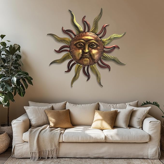 LIFFY 30" Large Sun Wall Decor - Metal Sun Face Wall Sculpture, 3D Hand-Painted Outdoor Wall Art Hanging for Patio Garden Yard, Housewarming Gift, Easy Hanging