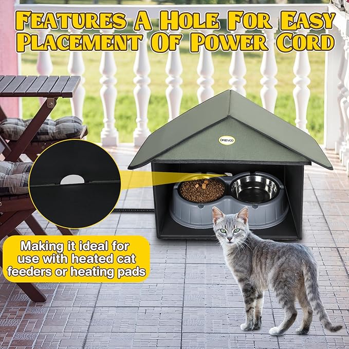 Dreyoo Outdoor Cat Feeding Station for Food & Water, Weatherproof Outdoor Kitty Dining Room Cat Shelter for Stray, Feral Cats and Community Cats, 13”d x 17”w x 15.5'h(1 Pack,Dark Green)