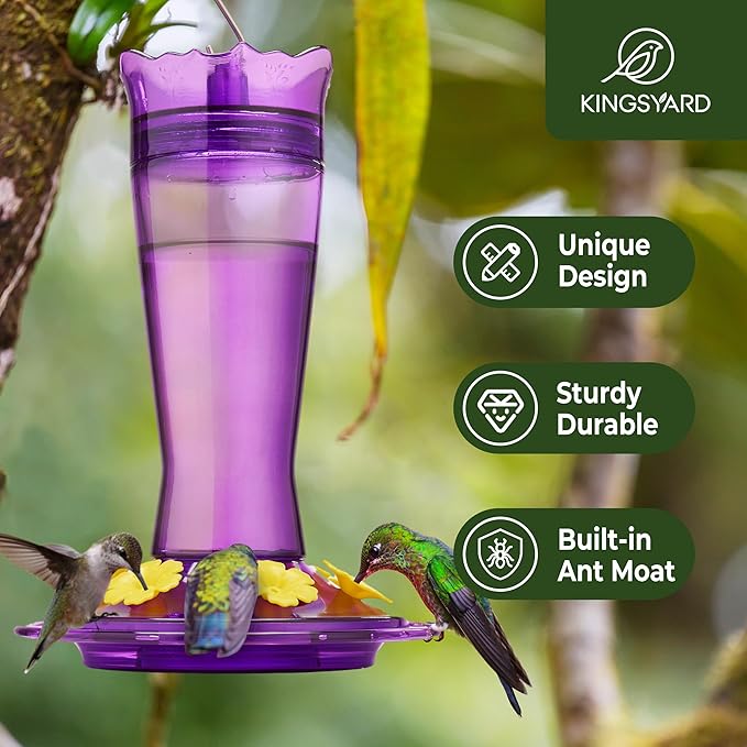 Kingsyard Glass Hummingbird Feeder for Outdoors Hanging - 6 Bee Guard Feeding Ports & Built-in Ant Moat, Wild Bird Feeder for Outside Garden Yard Patio 14 Oz, Purple
