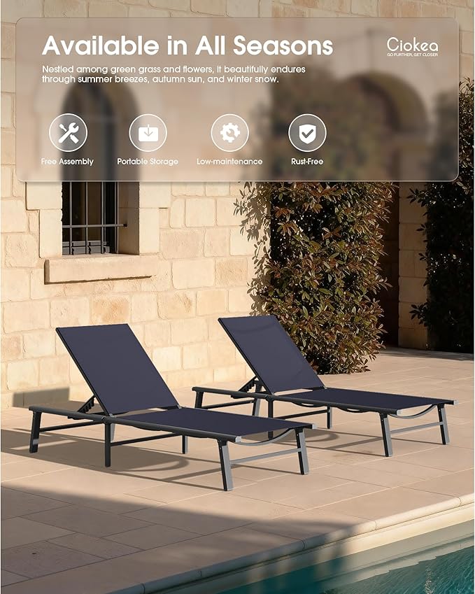 Foldable Outdoor Lounge Chair Set of 4, No Assembly Aluminum Chaise Lounge Outdoor with 5-Positions, Aluminum Pool Lounge Chairs with Portable Design for Poolside, Beach, Deck, Patio, Navy Blue