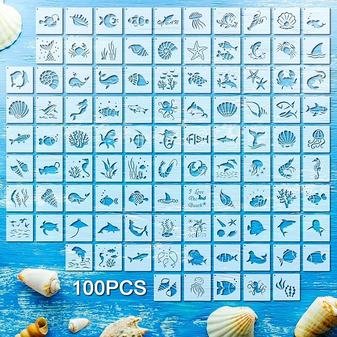 Fainne 100 Pcs 2 Inch Stencils Small Stencils for Painting on Wood Reusable Painting Templates Crafts for DIY Scrapbook, Wood, Wall, Fabric, Rock, Chalkboard, Sign(Marine Life)