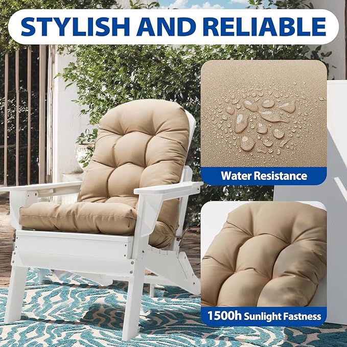 Adirondack Chair Cushion, High Back Patio Cushions with Adjustable Ties, 48.8 x 20.4 x 4.3, Waterproof Tufted Pillow, Fade Resistant Seat Rocking Chair Cushion for Indoor/Outdoor, Khaki, 2