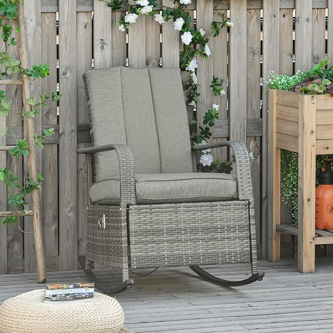 Outsunny Wicker Outdoor Rocking Chair, Patio Recliner with Adjustment Backrest, PE Rattan Lounge Chair with Adjustable Footrest and Cushions for Garden, Backyard, Porch, Gray