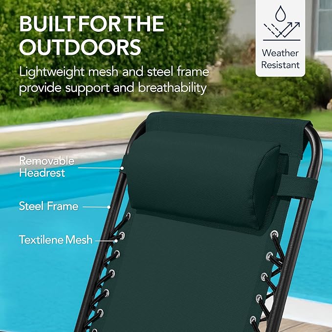 Best Choice Products Outdoor Folding Rocking Chair, Zero Gravity Lounge Chair, Patio Rocker w/Headrest Pillow - Forest Green