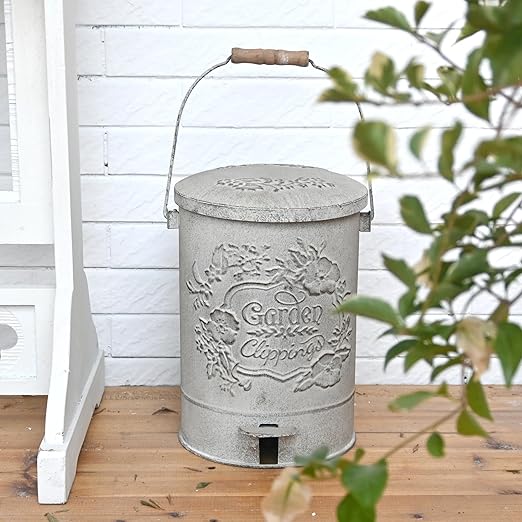 Z&Z ornamentorum Outdoor Small Trash Can with Lid Dog Poop Trash Can Outside for Kitchen Park Garden and Pedal Round Touchless Garbage with Flower and Bird Patterns Gray