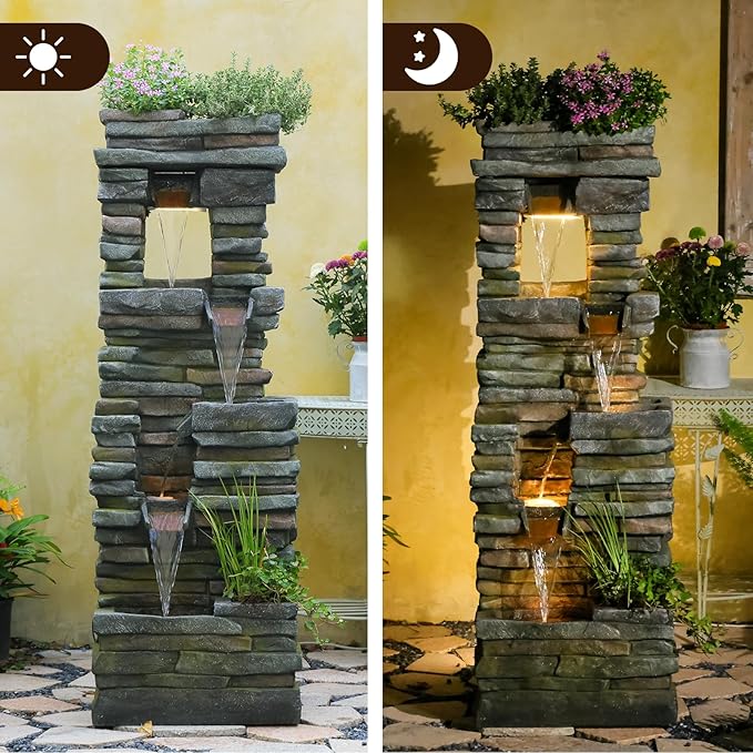60 inches Large Outdoor Water Fountain Waterfall — Garden Rock Fountains 4-Tiered Waterfalls Outdoor with Lights Natural Stone Look Hollow Fountain for Patio Pool Porch Backyard, Stone Gray