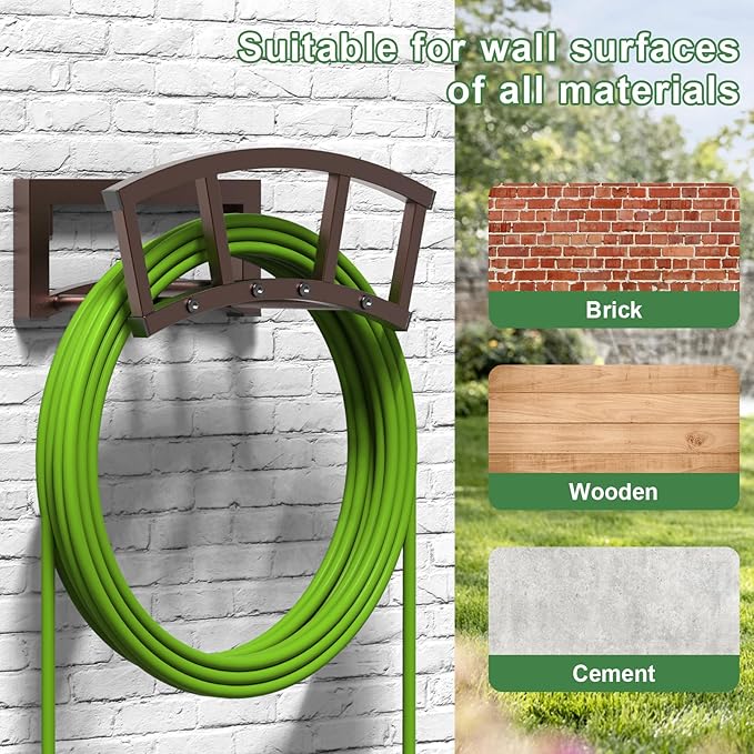 Garden Hose Holder Wall Mounted, Outdoor Heavy Duty Metal Water Hose Holder Hanger Holds 125-ft Water Pipe, Sturdy Detachable Hose Storage Organizer Reel Rack for Outside Garden Lawn Yard Farm, Bronze