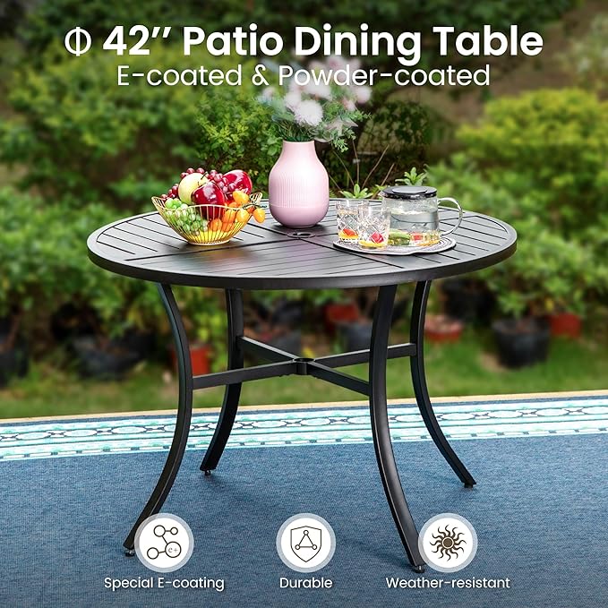 PHI VILLA 5 Pieces Outdoor Dining Set with Umbrella for 4, Round Metal Iron Dining Table & Wicker Chairs with Cushions & Large Beige Umbrella, Morden Dining Furniture for Patio, Deck, Yard, Porch