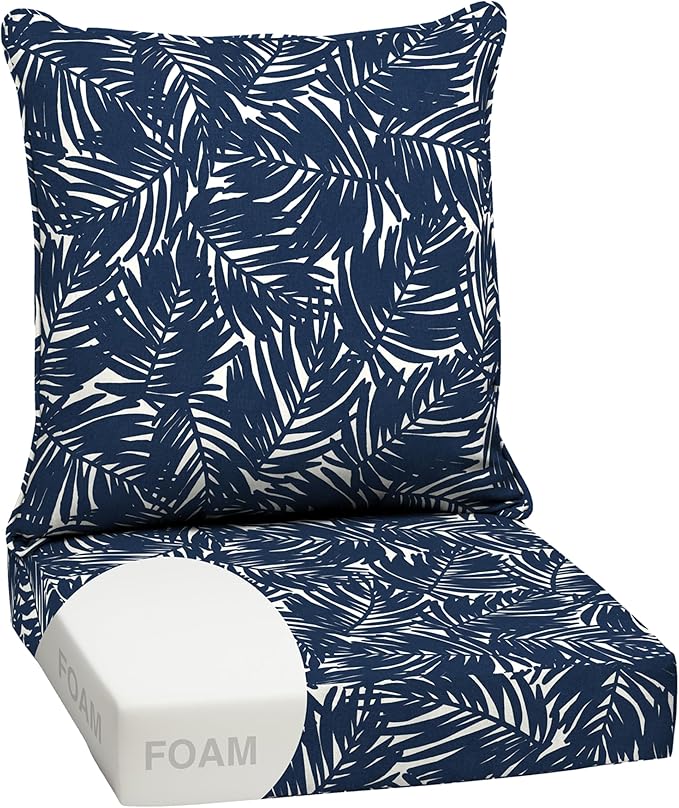 Arden earthFIBER Outdoor Foam Deep Seat Cushion Set, 24 in x 24 in, Weather-Proof, Rain-Proof, Fade Resistant Patio Cushion, Bottom and Back Cushion for Chair, Sofa, and Couch Navy Blue King Palm
