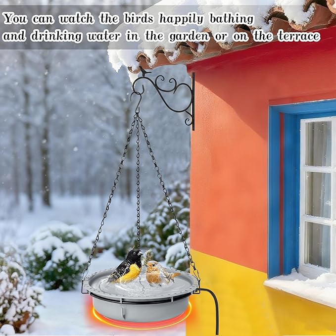Adnee Hanging Heated Birdbath for Winter Outdoor, 100W Thermostatical Heated Bird Bath with Power Cord, Hanging Garden Bird Bath for Outside Patio Yard Decoration