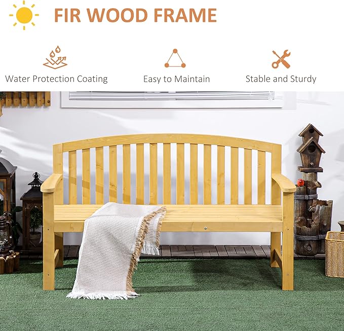 Outsunny 56" Outdoor Wood Bench, 2-Seater Garden Bench with Backrest and Armrest, Patio Bench for Patio, Porch, Poolside, Balcony, Natural