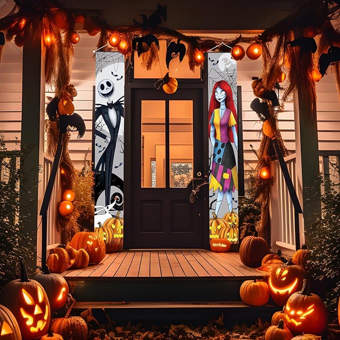 Jack Sally Banners Porch Signs Halloween Decor Christmas Nightmare Hanging Banner Halloween Decorations Outdoor Horror Poster for Indoor Spooky Pumpkin Ghost Door Sign Before Party Banner Wall Art Wallpaper