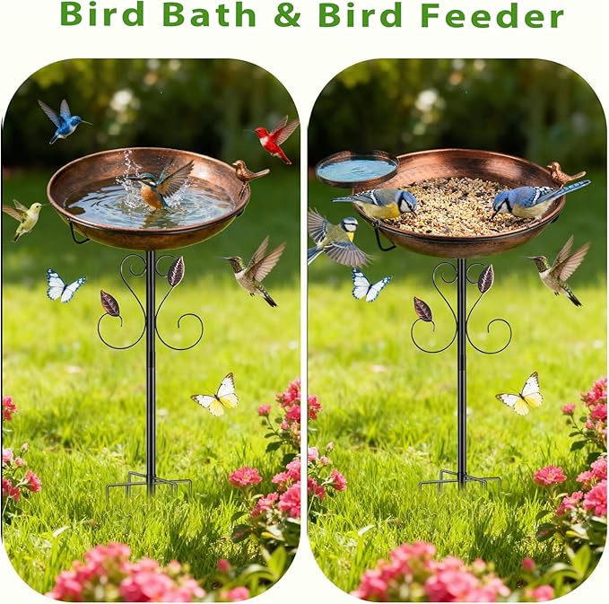 35" Tall Metal Bird Bath for Outdoors with Small Bird Feeder Bowl, 2" Deep 12" Dia Removable Bird Baths for Easy to Clean and Refill, Upgraded 7-Prong Base for Garden, Yard & Lawn (Copper)