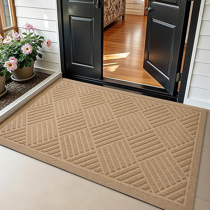 PLEASOR Front Door Mat Outside Entrance, Dirt Resistant and Absorbent Welcome Door Mat Outdoor Indoor, Sturdy Non-Slip Backing Entry Mat, Fade Resistant, Low Profile Doormat for Entryway, 29x17, Beige