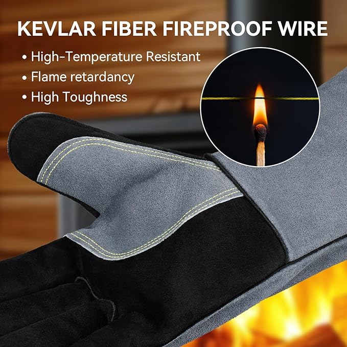 OZERO Welding Gloves for Men, 14-Inch Cowhide Leather Heat Resistant Work Gloves, EN388 EN407 EN12477 Type A Certified, Reinforced Palm, Insulated Lining, Long Cuff for BBQ Grill Oven, Gray