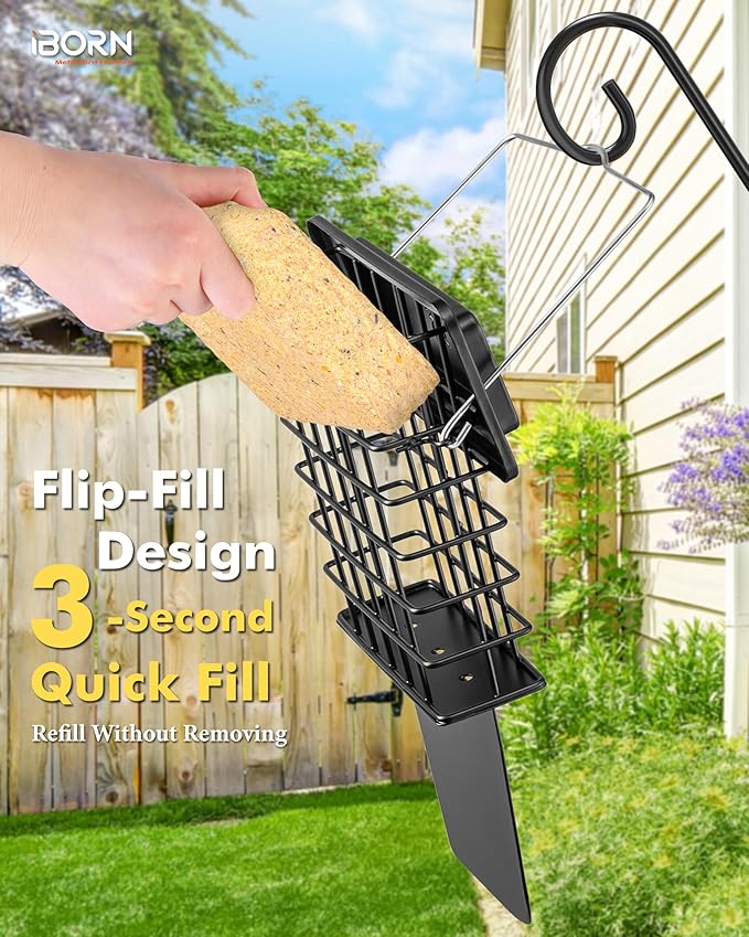 iBorn Metal Suet Feeder with Tail Prop | Durable Suet Cake Cage Bird Feeder for Outdoors，Woodpecker Feeder for Outside Hanging，Heavy-Duty Suet Holder,Easy Clean & Refill,1 Pack,Black