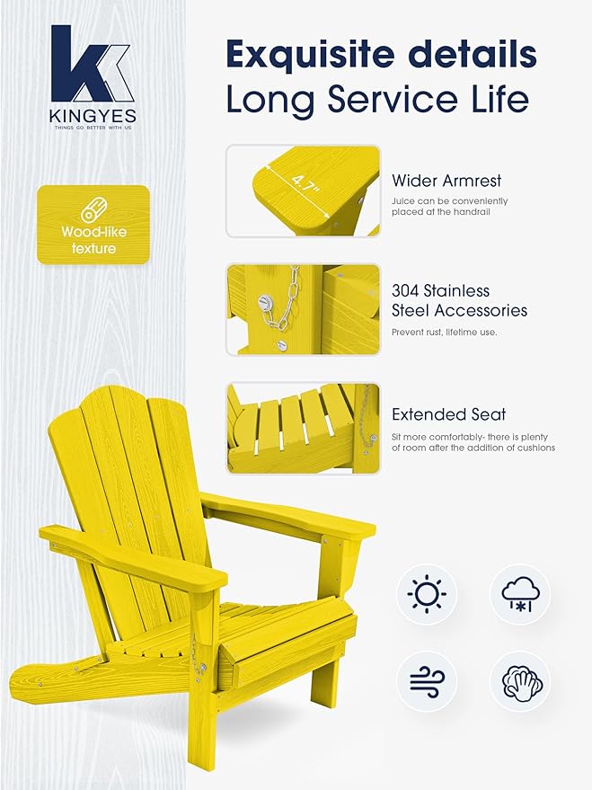 KINGYES Folding Adirondack Chair Set of 8, HDPE All-Weather Folding Adirondack Chair, Yellow