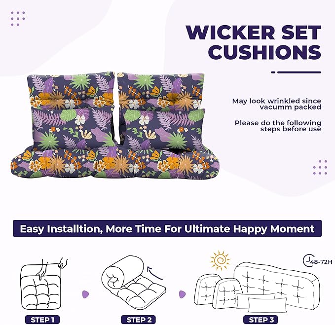 Wicker Chair Cushions of 5 Pieces, Waterproof Outdoor Loveseat Cushion for Wicker Furniture, 1 Love Seat Cushion, 2 U-Shape and 2 Lumbar Pillows for Patio Furniture (Purple Flower)