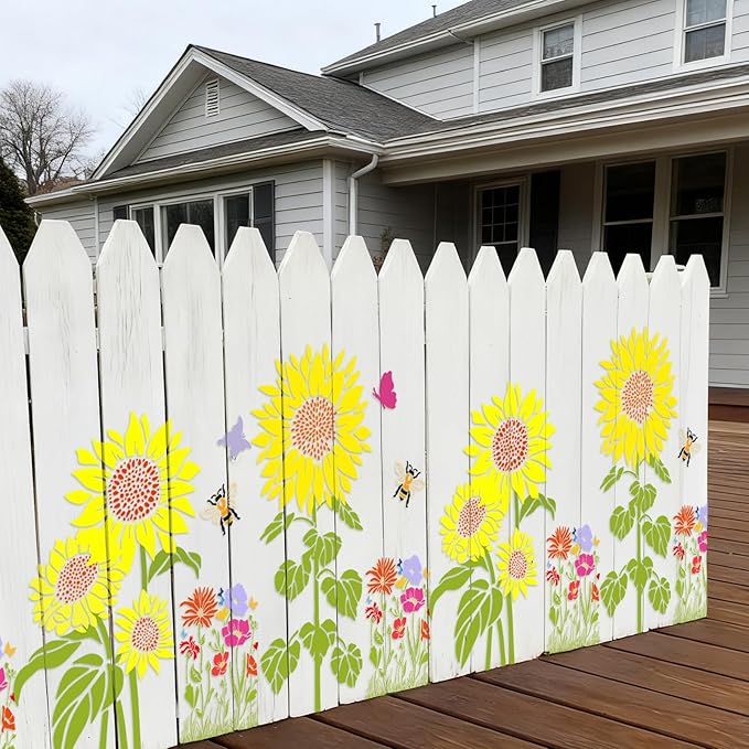 Large flower Stencils for Painting on Wood,Jumbo Sunflower Floral Butterfly Reusable Plastic Floral Templates for Outdoor Garden Walls, Fence, DIY Crafts, Canvas, Furniture Home Decor (8Pcs Sunflower)