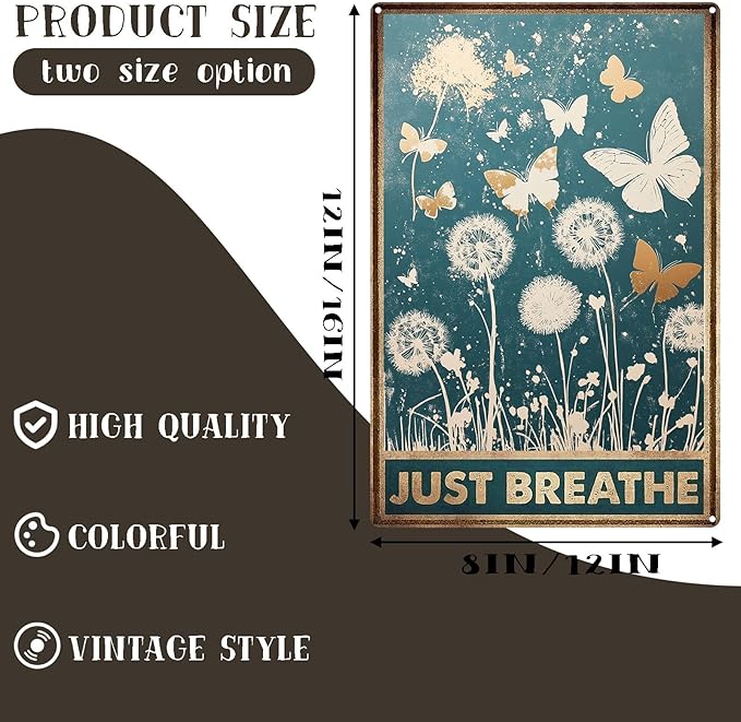 Vintage Garden Metal Tin Signs Dandelion Butterfly Just Breathe Funny Tin Sign Rustic Indoor Outdoor Wall Decor for Home Garden Yard Farmhouse Greenhouse Patio Porch Bar 12×16 Inch