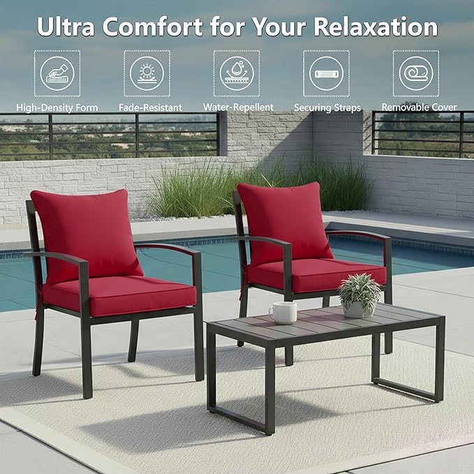 24x24 Inch Outdoor Chair Cushions Set of 4, Patio Furniture Cushions - Removable Cover, Water-Repellent, Fade-Resistant, Non-Slip Bottom & Straps, Replacement for Deep Seat Sofa & Couch - Burgundy