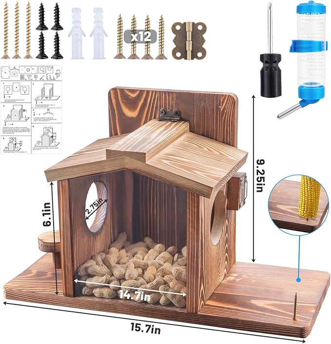 Squirrel Feeder for Outside, Squirrel Picnic Table Feeder for Corn Cob, Peanut and Nuts, Hanging Chipmunk House Box for Outdoors with Window and Squirrel Water Feeder