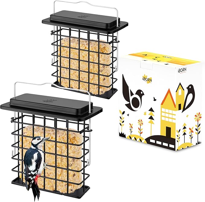 iBorn Suet Feeder Suet Bird Feeders [Single Capacity] for Outside Hanging with Taller Grid for Woodpecker,Metal Black（Pack of 2）