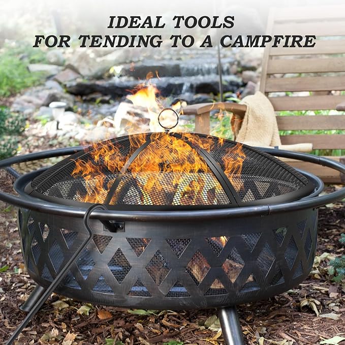 Fire Pit Spark Screen, 24 Inch Diameter Fire Pit Screen with Handle & Poker,Heavy Duty Metal Mesh Fire Pit Screen,Fire Pit Lid for Outdoor/Beach/RV Camping/Backyard