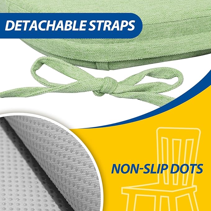 AAAAAcessories D-Shaped Chair Cushions, 2" Thick Dining Chair Pads with Ties and Removable, Machine-Washable Cover, 17" x 16", Set of 8, Pear Green
