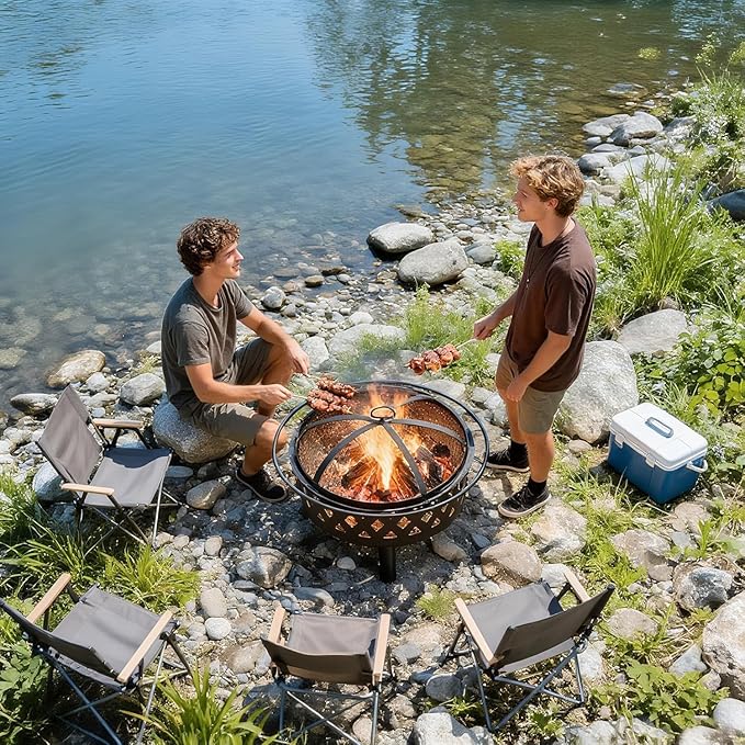 OLIXIS 36 Inch Wood Burning Fire Pit, Round Fire Pits for Outside with Spark Cover Fire Poker, Outdoor Firepit for Patio, Backyard, Garden, Bonfire Party, Black